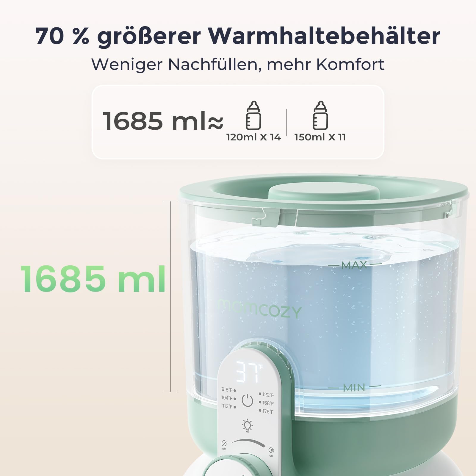 Momcozy Flaschenzubereiter Baby mit Dual-Licht, Schneller Flaschenwärmer zur Milchzubereitung, 1,69 Liter Großvolumen, Milchzubereiter mit 6 Temperaturstufen, Grundausstattung für das Stillen