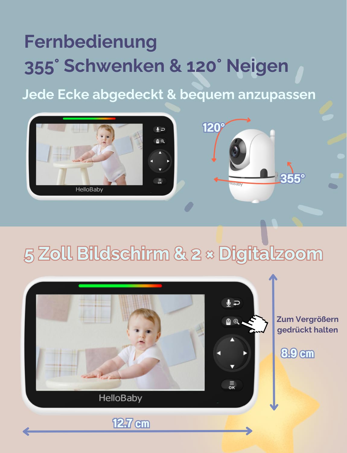 HelloBaby Babyphone mit Kamera, 3500 mAh 5 Zoll Bildschirm, Kabelgebundene Kamera, 355° Schwenken-120° Neige-Zoomen, Babyfone ohne WLAN, 2 Wege Audio, Temperatur, 8 Schlaflieder, Nachtsicht, HB6550