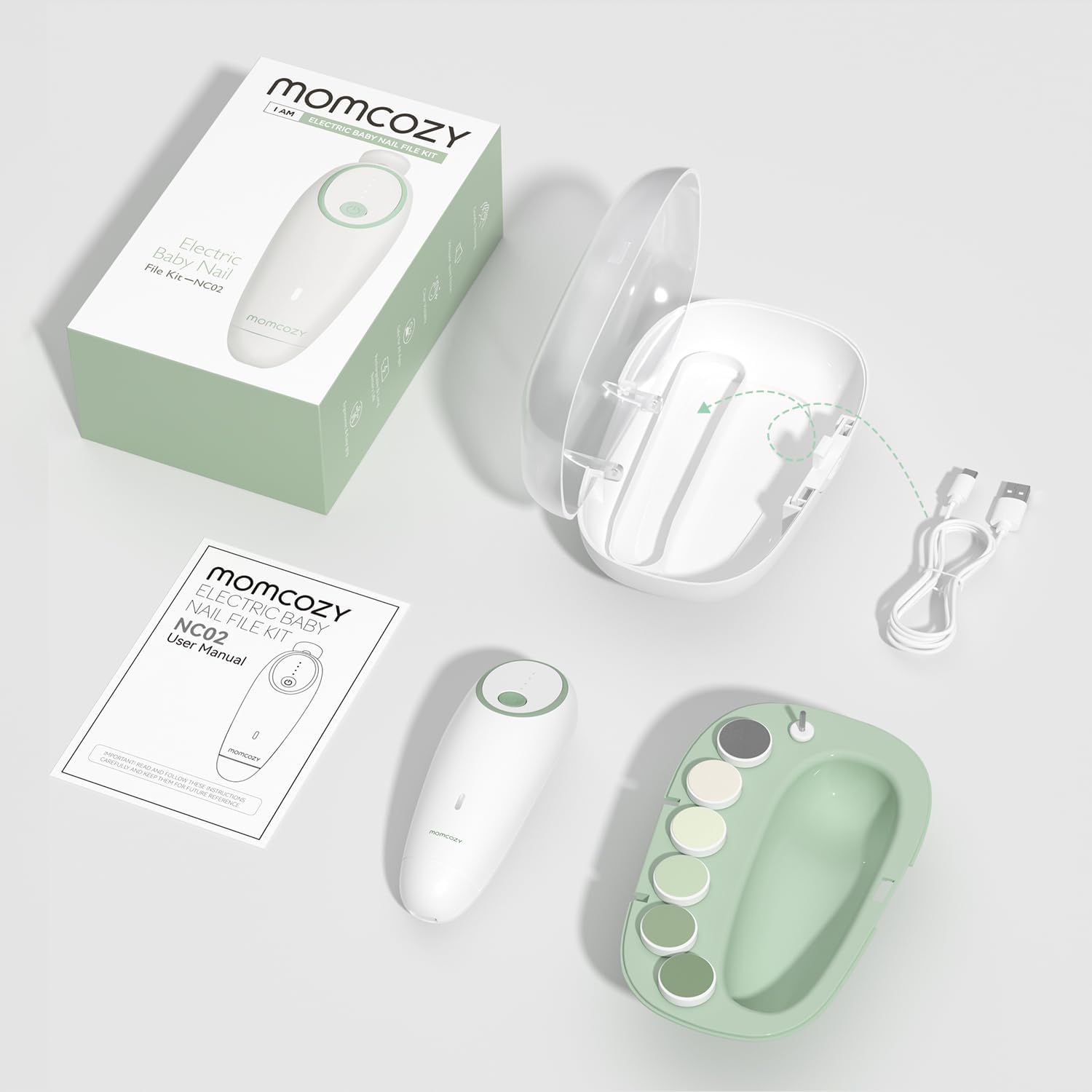 Momcozy Baby Nagelfeile Elektrisch, Sanfter Baby Nageltrimmer Elektrisch Wiederaufladbar, Baby Nagelknipser Elektrisch, 7 Schleifkopf Ersatzpads