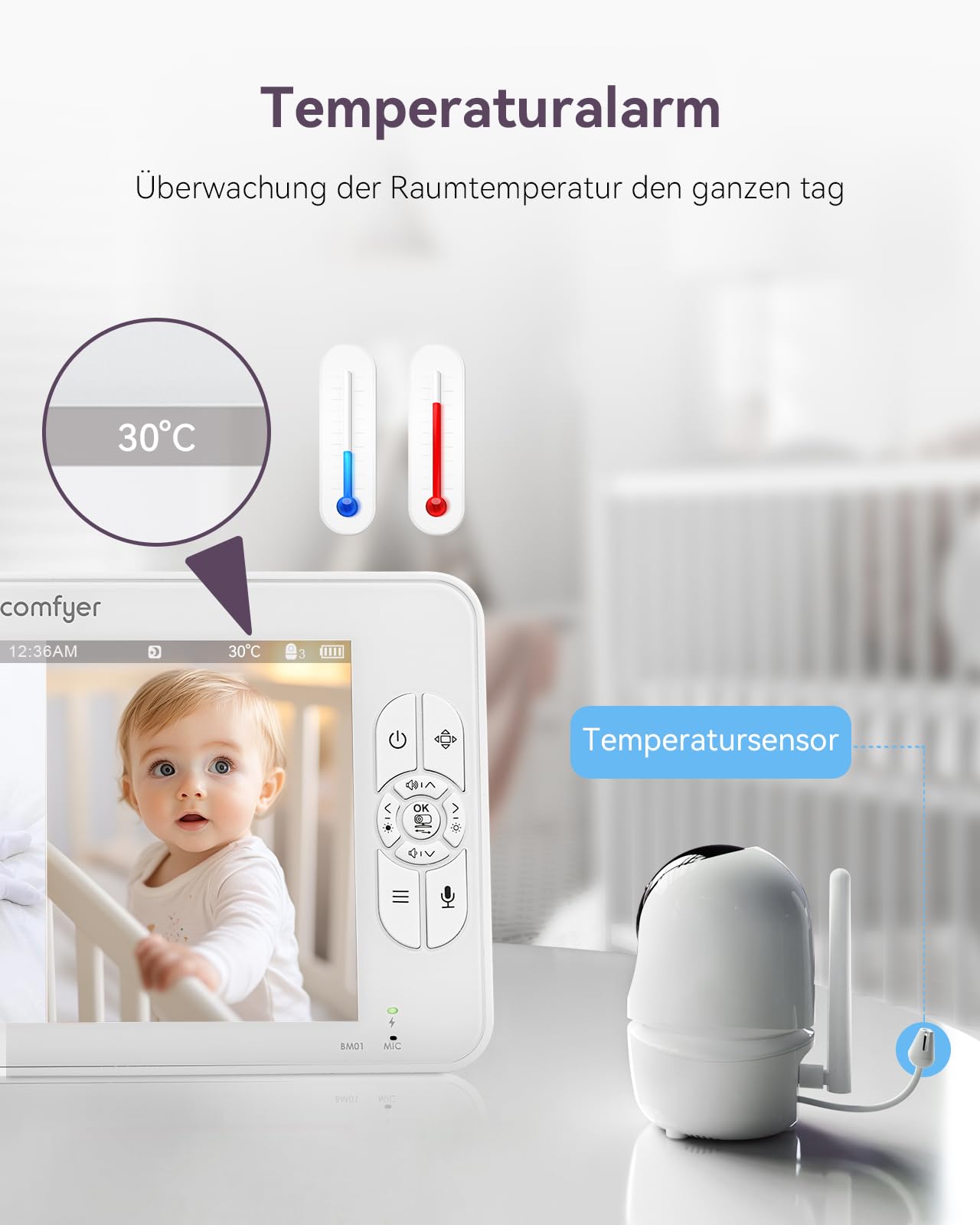 Comfyer BM01 Split-Screen Babyphone mit 2 Kameras, 7" HD 720P Video Babyphone ohne WLAN mit Halterung, IR-Nachtsicht Vox-Modus 2-Wege-Audio 6000mAh 300M Reichweite Videoüberwachungsgeräte