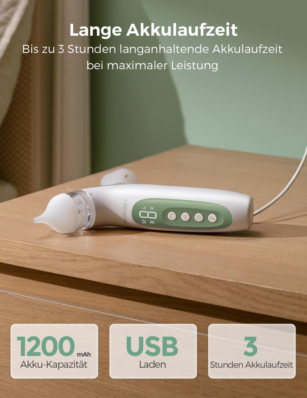 Momcozy BN007 BreezyClear Nasensauger Baby elektrisch, 2-in-1 mit Sprühfunktion, 65 kPa Saugkraft, 4 Stufen, leise & tragbar, mit Licht & Musik
