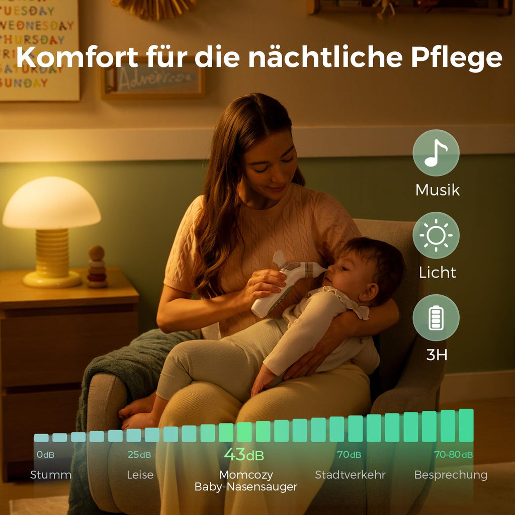 Momcozy BN007 BreezyClear Nasensauger Baby elektrisch, 2-in-1 mit Sprühfunktion, 65 kPa Saugkraft, 4 Stufen, leise & tragbar, mit Licht & Musik