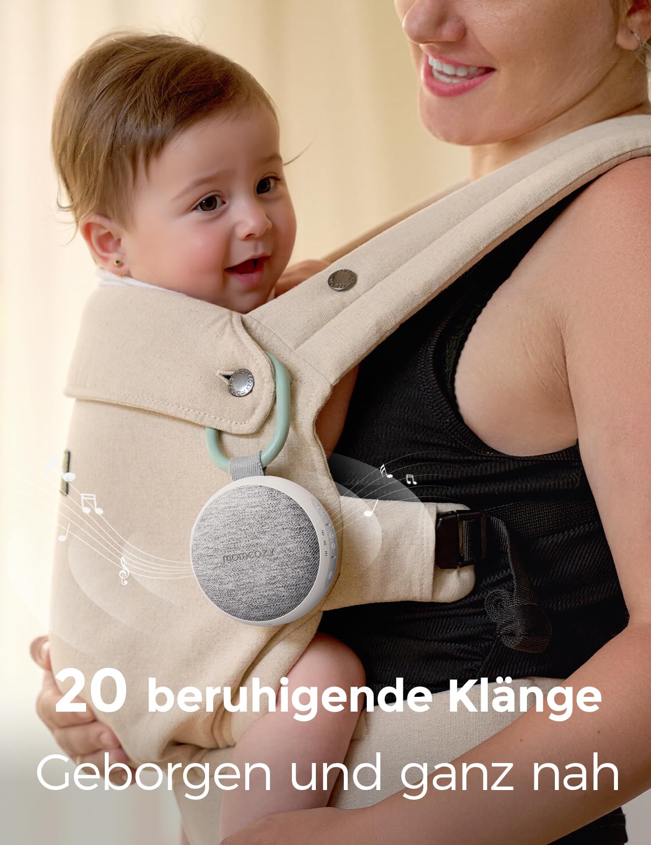 Momcozy Tragbare Baby Soundmaschine mit Nachtlicht – Weißes Rauschen Gerät für Neugeborene, 20 Beruhigende Klänge, Wiederaufladbare Weißes-Rauschen-Therapie und Bluetooth-Lautsprecher