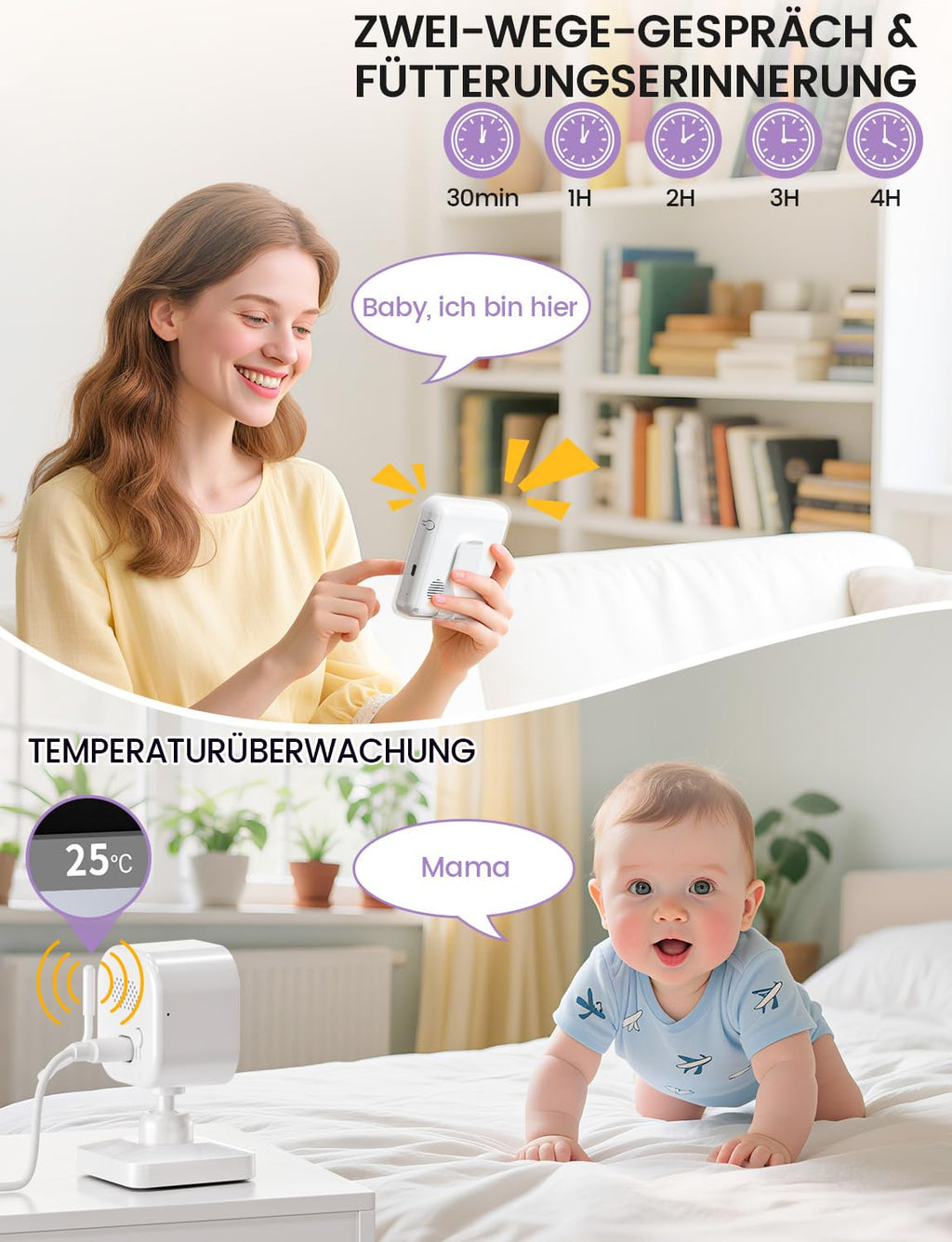 OBVHNUA Babyphone mit Kamera 720P IPS Video Babyphone ohne WLAN mit 2000mAh Akku Digitale Zoomfunktion Nachtsicht Temperatur-Alarm Zwei-Wege-Audio Schlaflieder VOX-Modus
