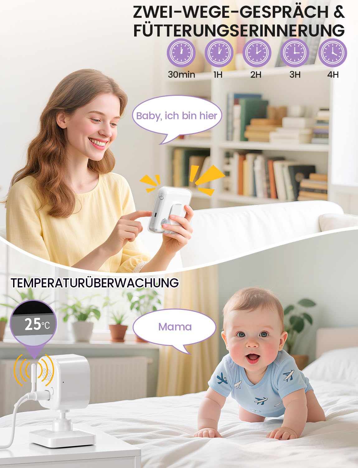 OBVHNUA Babyphone mit Kamera 720P IPS Video Babyphone ohne WLAN mit 2000mAh Akku Digitale Zoomfunktion Nachtsicht Temperatur-Alarm Zwei-Wege-Audio Schlaflieder VOX-Modus