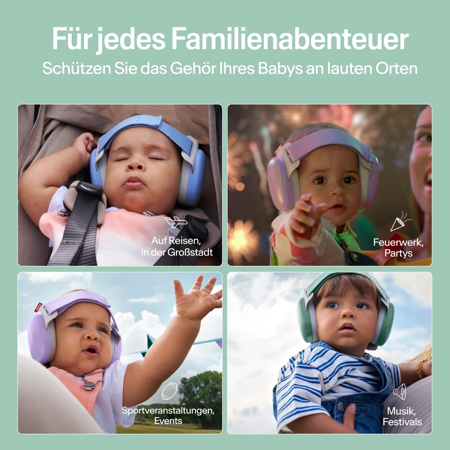 Alpine Muffy Baby Comfort - Gehörschutz für Babys & Kleinkinder - Getestet in Deutschland - Einzigartiges Kopfband für Sicheren & Bequemen Sitz - Verstellbar <5 Jahren - Kopfhörer Lärmschutz, Grün