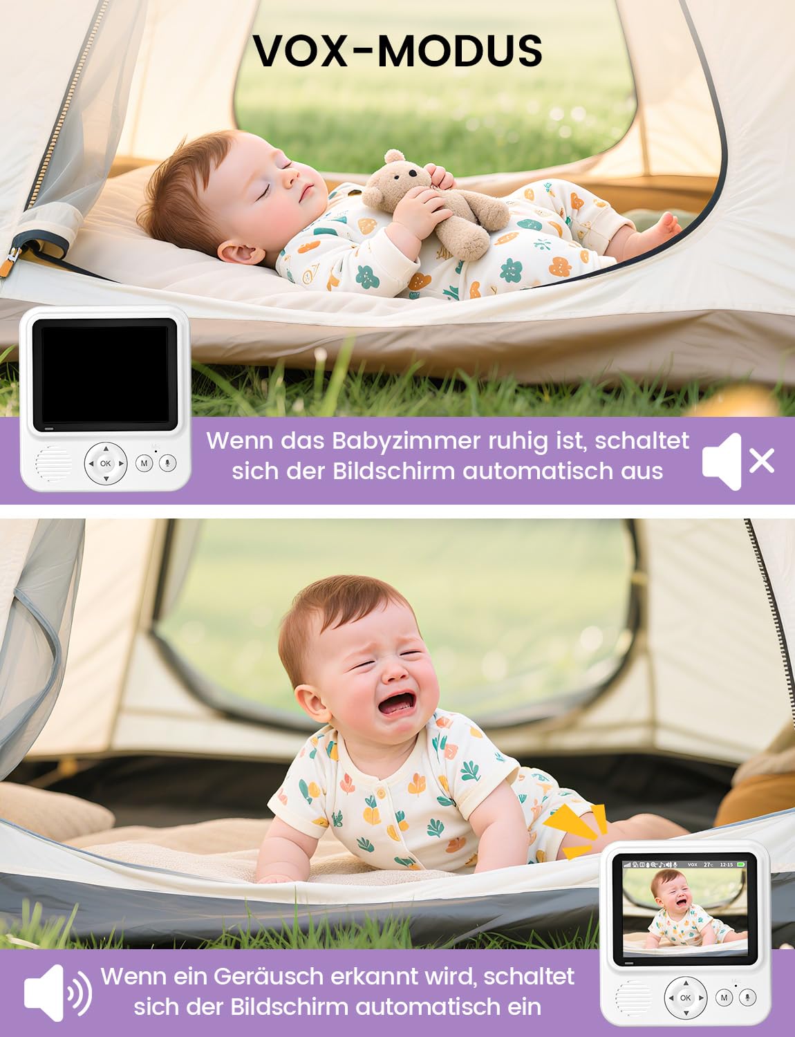 OBVHNUA Babyphone mit Kamera 720P IPS Video Babyphone ohne WLAN mit 2000mAh Akku Digitale Zoomfunktion Nachtsicht Temperatur-Alarm Zwei-Wege-Audio Schlaflieder VOX-Modus