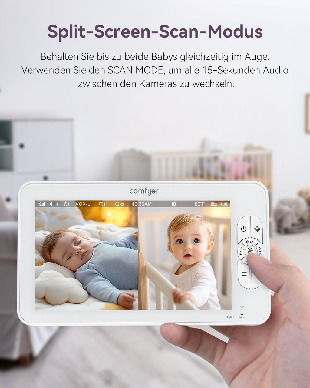 Comfyer BM01 Split-Screen Babyphone mit 2 Kameras, 7" HD 720P Video Babyphone ohne WLAN mit Halterung, IR-Nachtsicht Vox-Modus 2-Wege-Audio 6000mAh 300M Reichweite Videoüberwachungsgeräte