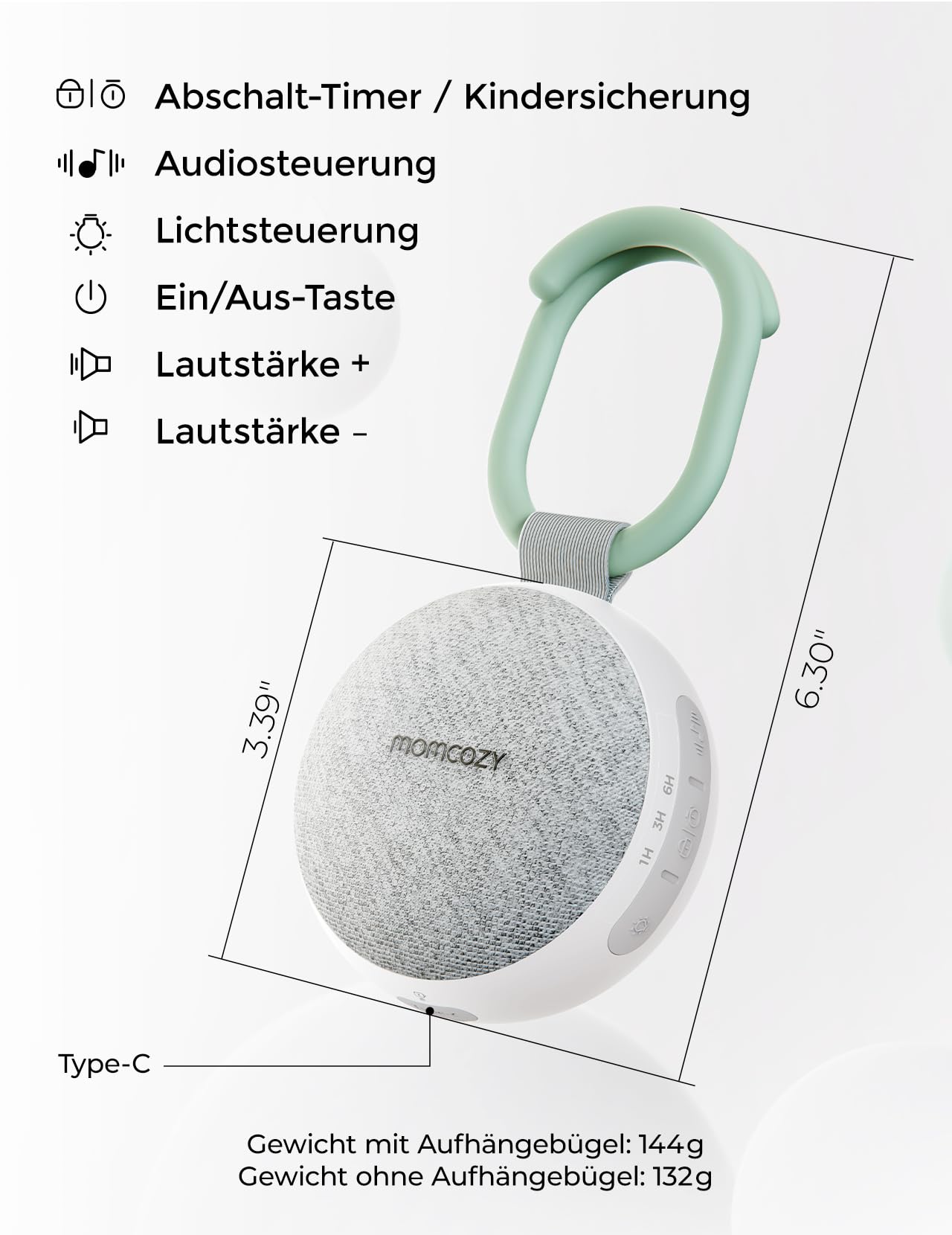 Momcozy Tragbare Baby Soundmaschine mit Nachtlicht – Weißes Rauschen Gerät für Neugeborene, 20 Beruhigende Klänge, Wiederaufladbare Weißes-Rauschen-Therapie und Bluetooth-Lautsprecher