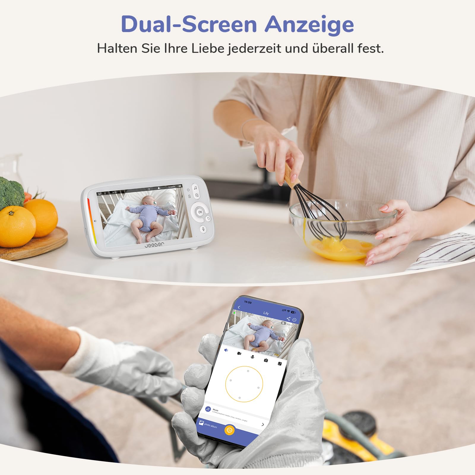 jeeber 2K/3MP Babyphone mit Kamera APP, 360°, 5" WLAN Video Babyfone, HDR-Nachtsicht, Weinen/Bewegungs/Geräusch-Erkennung, Temperaturanzeige, hohe Reichweite, Bereich alarme, ohne ABO