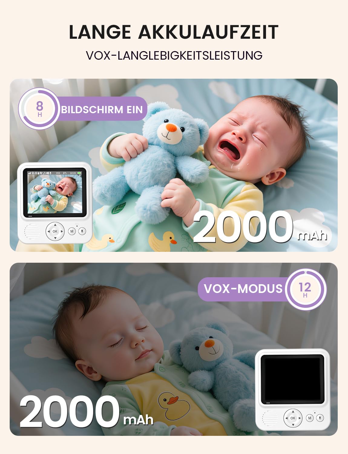 OBVHNUA Babyphone mit Kamera 720P IPS Video Babyphone ohne WLAN mit 2000mAh Akku Digitale Zoomfunktion Nachtsicht Temperatur-Alarm Zwei-Wege-Audio Schlaflieder VOX-Modus