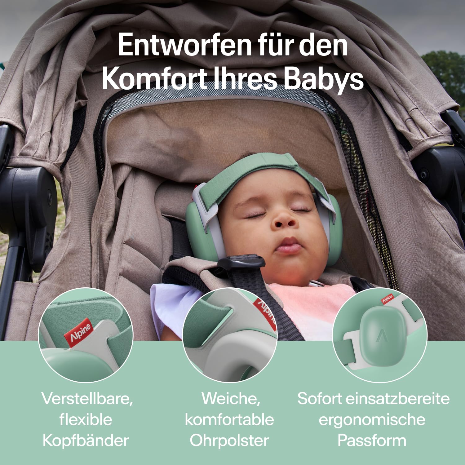 Alpine Muffy Baby Comfort - Gehörschutz für Babys & Kleinkinder - Getestet in Deutschland - Einzigartiges Kopfband für Sicheren & Bequemen Sitz - Verstellbar <5 Jahren - Kopfhörer Lärmschutz, Grün