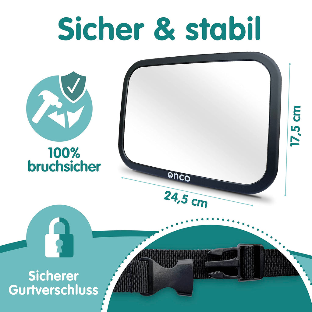 Onco 360° Baby Autospiegel - 2025 Vergleichssieger, 100% bruchsicher & rutschfest, 2024 & 2023 preisgekrönt, klares Sichtfeld, Spiegel Auto Baby Rückbank (17,5 x 24,5 cm)