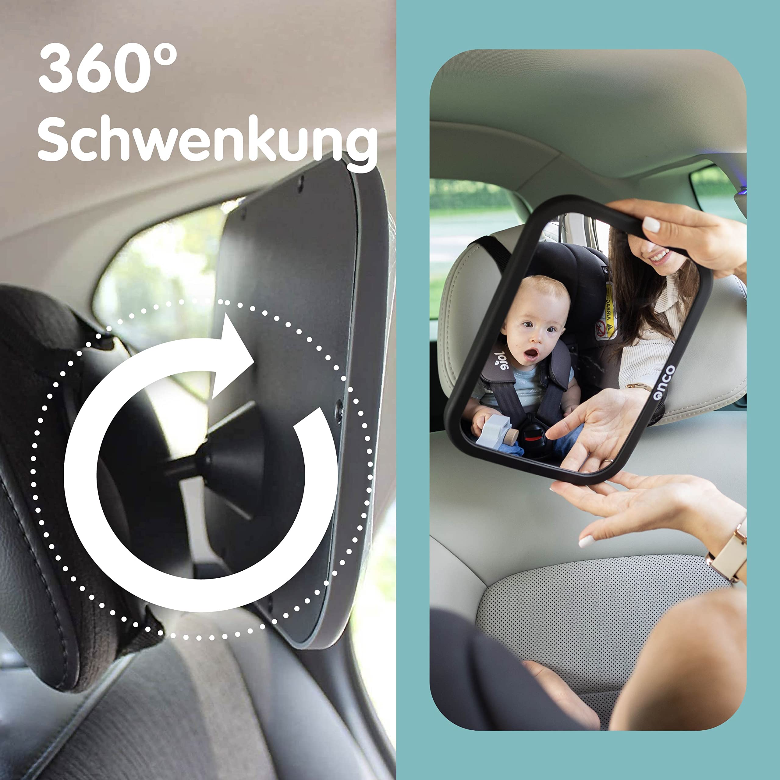 Onco 360° Baby Autospiegel - 2025 Vergleichssieger, 100% bruchsicher & rutschfest, 2024 & 2023 preisgekrönt, klares Sichtfeld, Spiegel Auto Baby Rückbank (17,5 x 24,5 cm)