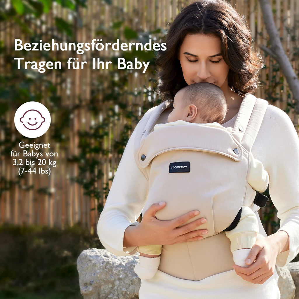 Momcozy Babytrage aus 100% Baumwolle – Baby Carrier für Kleinkind (3-24 Monate, 3,2-20 kg) · Ergonomische M-Position · X-Rücken · Taillengurt 64-127cm, Khaki