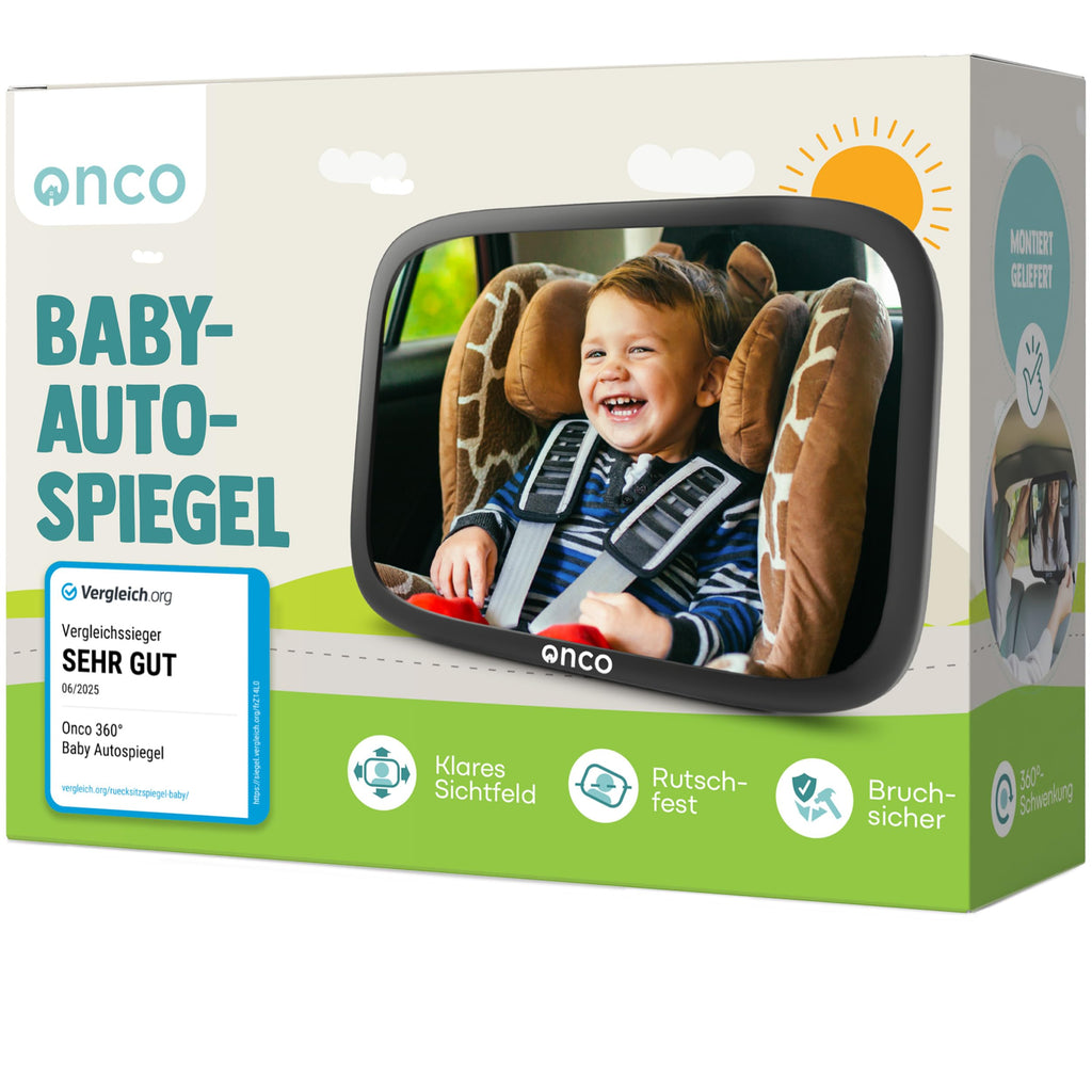 Onco 360° Baby Autospiegel - 2025 Vergleichssieger, 100% bruchsicher & rutschfest, 2024 & 2023 preisgekrönt, klares Sichtfeld, Spiegel Auto Baby Rückbank (17,5 x 24,5 cm)